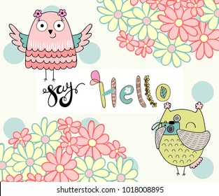 Card with cartoon owl in bright colors. Say hello.