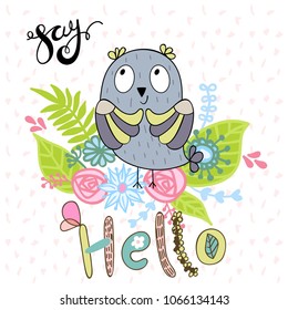 Card with cartoon owl in bright colors. Say hello.