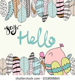 Card with cartoon owl and feathers in bright colors. Say hello.