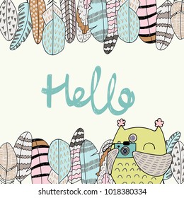 Card with cartoon owl and feathers in bright colors. Hello.