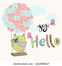 Card with cartoon owl on a flower swing in the clouds. Say hello.