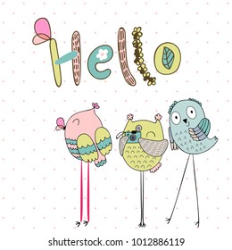 Card with cartoon owls in bright colors. Hello.