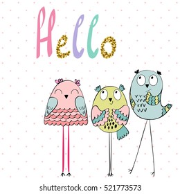 Card with cartoon owls in bright colors.