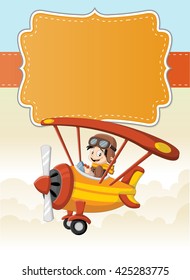 Card with a cartoon pilot boy on a airplane flying over green hill