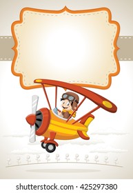 Card with a cartoon pilot boy on a airplane flying over green hill