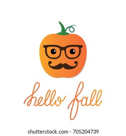 Card with a cartoon pumpkin and Hello Fall lettering