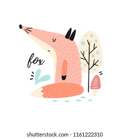 Card with cartoon sitting red fox, mushroom and tree isolated on white background. Vector illustration.
