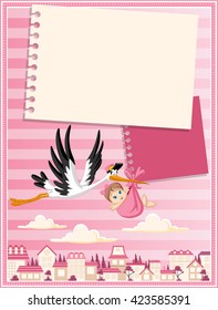 Card with a cartoon stork delivering a newborn baby girl