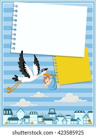 Card with a cartoon stork delivering a newborn baby boy
