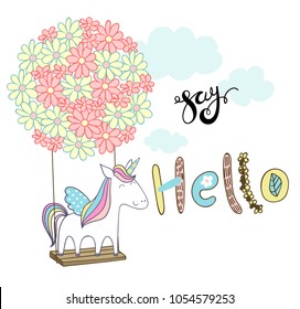 Card with cartoon unicorn on a flower swing in the clouds. Say hello.