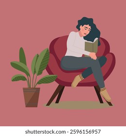 Card cartoon with woman reading book in armchair. 