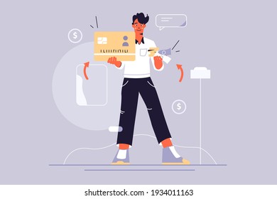 Card or cash choice vector illustration. Guy holding plastic credit card and banknotes flat style. Economy, money, finance and investment concept. Isolated on grey background