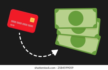 Card to cash currency conversion. Vector illustration of green paper banknotes and a red bank card. Business or economics concept background