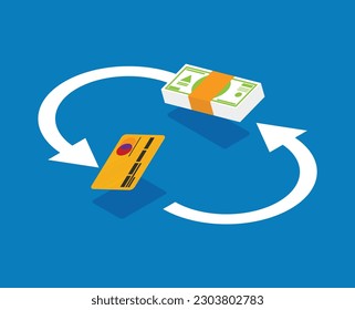 Сredit card and cash. Payment methods, cash-out, smart investment, business, cash withdrawal, business, online payment concepts. Flat design.