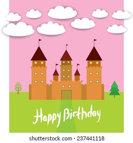 Card With Castle princess fairytale landscape. Happy birthday card. vector