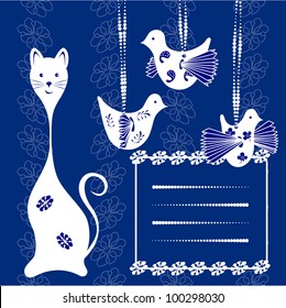 Card cat and bird. Space for your text or picture. floral background