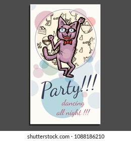 Card cat on party, dances all night long, drive and movement! Animal dandy has fun. Patch of light, disco, romanticism and holiday. Colorful hand drawn vector stock illustration.