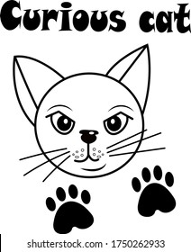 card with a cat. From the series are different characters of pets. Text curious cat. cute face, two black paws nearby. Line art, vector illustration