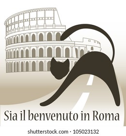 Card with Cat: Welcome to Rome. With a kind on Colosseum. It is easy to edit. Perfect for invitations or announcements.