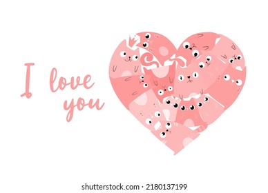 card with cats in the form of a heart for background, print, fabric