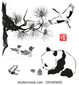 Card with cedar in the bird and panda bear. Hand-drawn with ink. Traditional Japanese painting. Vector illustration. Hieroglyph " way"