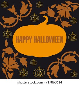 A card to celebrate a happy Halloween.
Decorated pumpkins and abstract flowers in shades of orange and on a black background to celebrate halloween aesthetically.