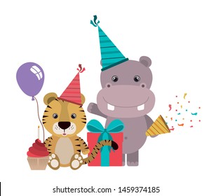 card of celebration with animals on white background