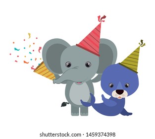 card of celebration with animals on white background