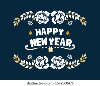 Card celebration happy new year, with decorative element of rose flower frame. Vector