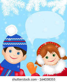 Card with cheerful children. Christmas card, there is a place for your text