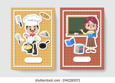 Card of chef man with Kitchenwear, female teacher standing near chalkboard during teaching in classroom in cartoon character,  isolated flat vector illustration