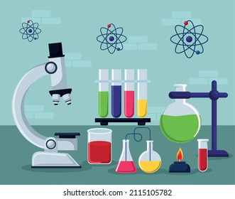 card of chemistry lab with atoms