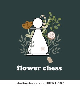 card with chess. print for the design of booklets, advertising, posters. chess piece with flowers.