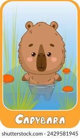 Card for children with cute capybara. Educational cards. Cards with text. Vector illustration for children.