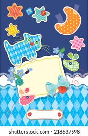 Card for children - frame, cat, mouse, stars and moon are made of fabric - childish background. 