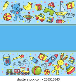 Card with children toys blue. Vector cartoon hand-drawn illustration.
