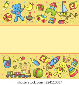 Card with children toys. Vector cartoon hand-drawn illustration.