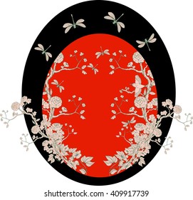 Card in chinoiserie style with peonies, dragonfly and bird on white background for wedding, scrapbooking, wallpaper and other design.