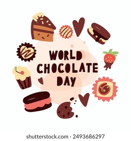 card with Chocolate product. Celebration of World Chocolate Day with this images. Perfect for social media posts, and promotional material. Chocolate candies, cakes, pastries. Delicious food