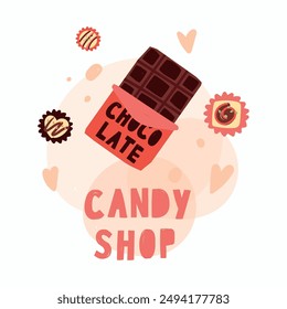 card with Chocolate product. Celebration of World Chocolate Day with this images. Perfect for social media posts, candy shop and promotional material. Chocolate candy, cakes, pastries. Delicious food