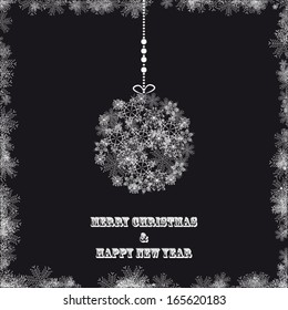 Card with christmas ball snowflakes