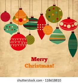 Card with Christmas balls, vintage holiday design with doodled ornaments