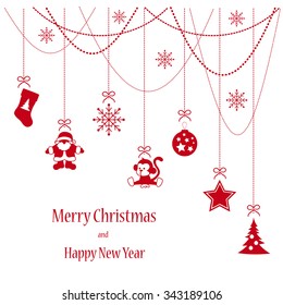 Card with Christmas elements hanging red isolated background