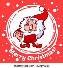 Card with Christmas elf in a circle.  Funny cartoon character. Template Christmas card in red tones