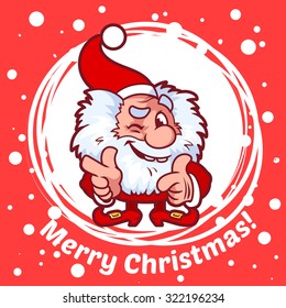 Card with Christmas elf in a circle. Gnome winks. Funny cartoon character. Template Christmas card.
