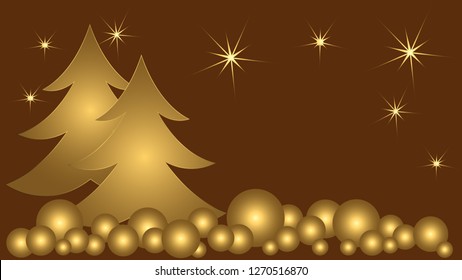 Card Christmas happy new year. Golden balls stars brown background. You can put your own text on it.
