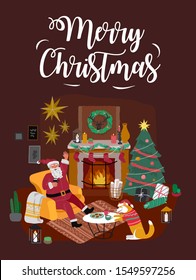 Card with Christmas home decorations with Santa Claus and pets. Scandinavian interior with cute cat and dog dressed in costumes. Illustration and New year typography in Hygge style