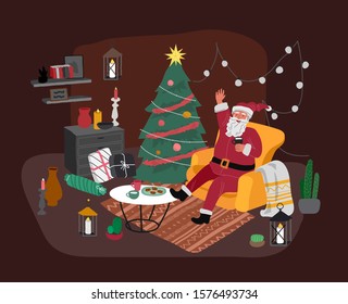 Card with Christmas home decorations with Santa Claus and pets. Scandinavian interior with cute cat and dog dressed in costumes. Illustration and New year typography in Hygge style