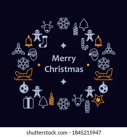 Сhristmas card with christmas icons on darkblue background. Vector illustration on the theme of Christmas and New Year.