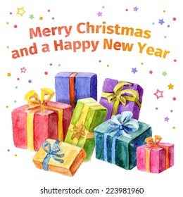Card with Christmas and New Year. Collection of gifts. Vector watercolor.